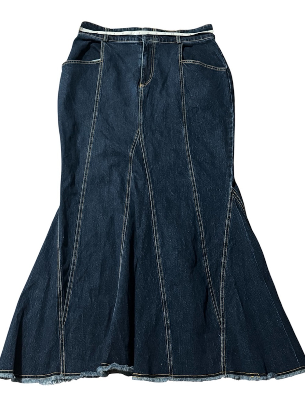 PILCRO Anthropologie Fluted Denim Maxi Skirt Dark Wash Raw Hem Size 12 - Picture 9 of 16